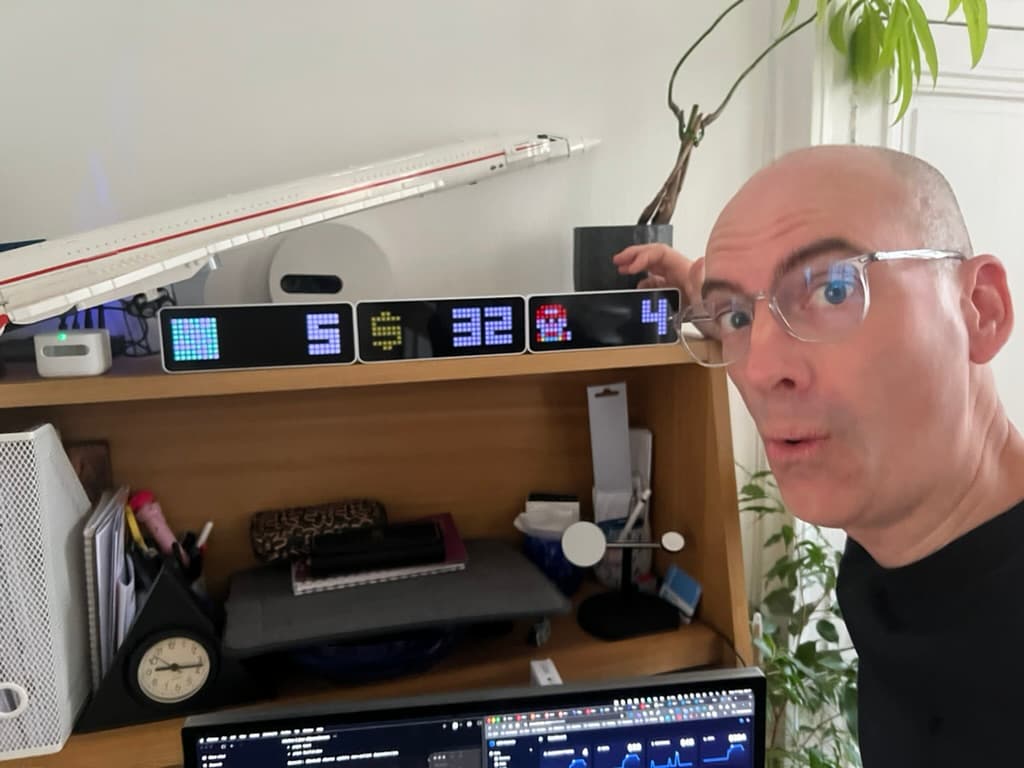 Digital pixel displays showing several MRR Calendar metrics on an office shelf