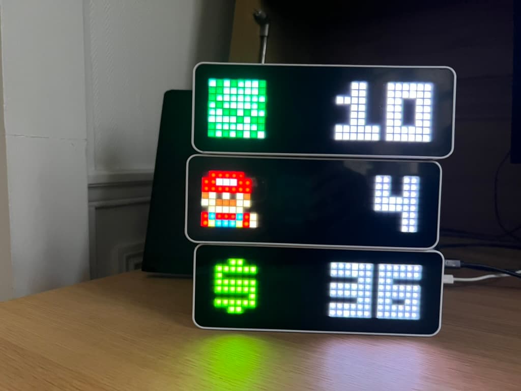 Stacked digital pixel displays showing subscriber, commit, and revenue metrics